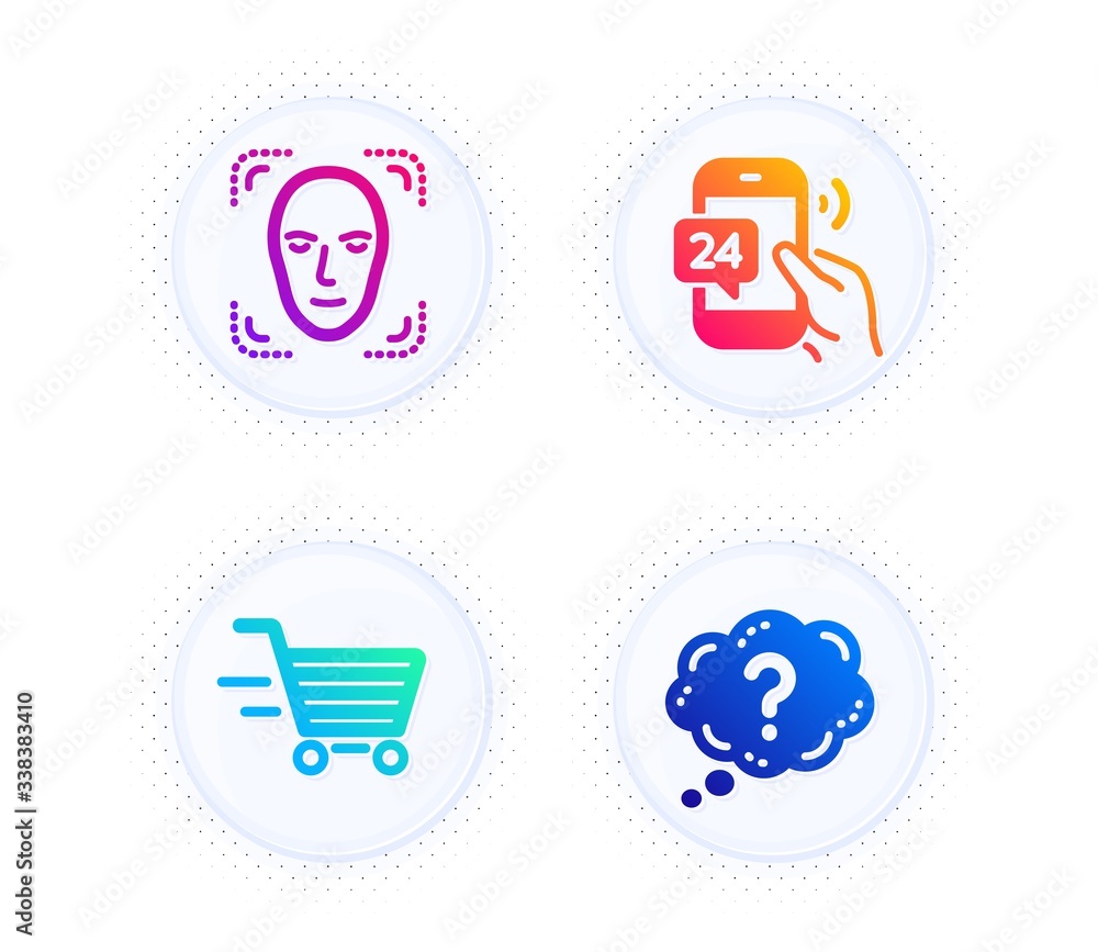 Poster delivery shopping, 24h service and face detection icons simple set. button with halftone dots. quest