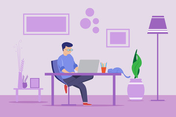 Young man freelancers working on laptop computers at home in the purple living room. Vector illustration with working home and quarantine concept. Flat design style. Copy space for design