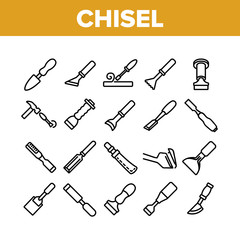 Chisel Carpentry Tool Collection Icons Set Vector. Sharp Steel Chisel With Hammer, Carpenter Instrument, Workshop Equipment Concept Linear Pictograms. Monochrome Contour Illustrations