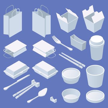 Set Of Isometric Disposable Tableware And Food Delivery Boxes. White Blank Objects Isolated On Blue Background