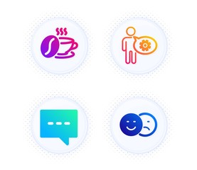 Cogwheel, Blog and Coffee cup icons simple set. Button with halftone dots. Like sign. Engineering tool, Chat message, Roasted bean. Social media dislike. Business set. Vector