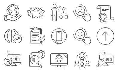 Set of Technology icons, such as Star, Seo timer. Diploma, ideas, save planet. Smile, Seo stats, Survey checklist. Smartphone target, Swipe up, World statistics. Vector