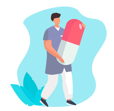 Medical Orderly Holding Capsule. Male Nurse Or Doctor Character In Medical Purple Gown Carry Drug On Blue Background In The Hospital. Flat Vector Illustration