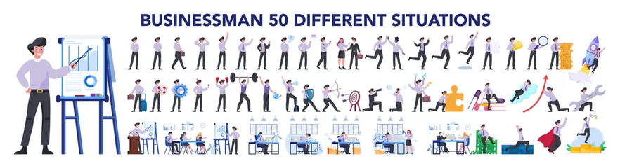 Poster Businessman character set. Poses and meeting, data and hero. © inspiring.team