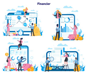 Financial advisor or financier platform on differernt device concept set.