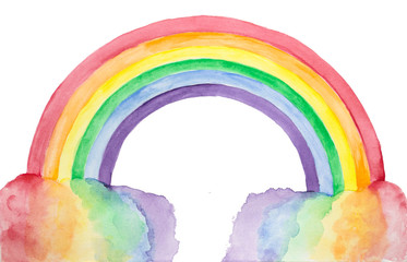 Fototapeta premium Arcoiris de acuarela, terminado en nubes arcoiris.