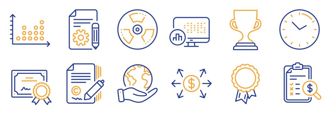 Set of Education icons, such as Time, Report statistics. Certificate, save planet. Dollar exchange, Documentation, Accounting report. Award cup, Success, Chemical hazard. Vector