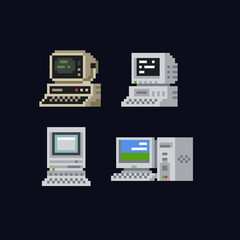 Retro personal computers with terminal console commands on the screen, computer case and keyboard vintage vector illustration icon set, isolated
