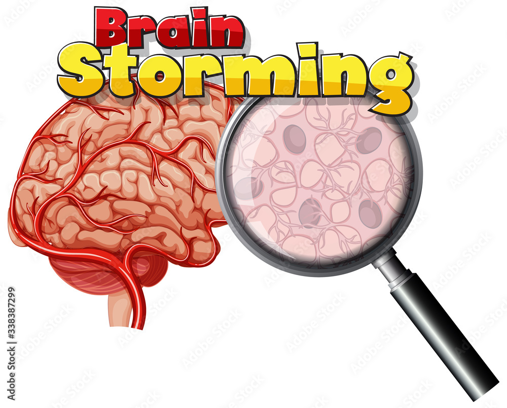 Sticker font design for word brain storming with magnifying glass