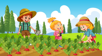 Obraz na płótnie Canvas Scene with kid planting trees in the garden