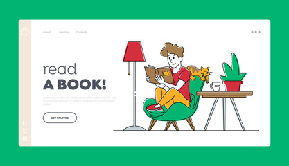 Female Character Reading Books Hobby Landing Page Template. Young Woman Sitting on Armchair at Home Read Book with Cat Sleeping. Reader Deep Immersion to Fantasy World. Linear Vector Illustration