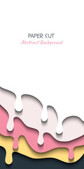 Abstract vertical vector banner in paper cut style with shadows and copy space for text. Paper art in trendy color layers, shape of waves. Realistic minmal layout template for stories, website