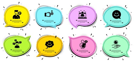 Sun protection, Smile face and Valet servant signs. Chat bubbles with quotes. Best manager, Customer survey and Conversation messages line icons set. Smile, Drag drop symbols. Vector