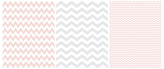 Simple Bright Chevron Seamless Vector Patterns. 3 Various Chevron Print. White Zig Zags Isolated on a Light Pink and Gray Background. Simple Pastel Color Geometric Repeatable Design ideal for Fabric.