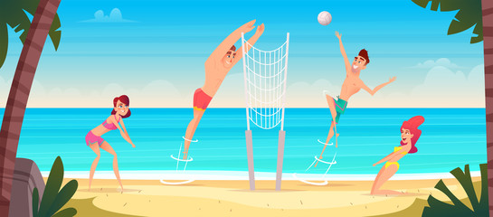 Happy young people play volleyball on a sandy sea beach. Volleyball competitions in the sand.