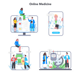 Online consultation with doctor set. Remote medical treatment platform