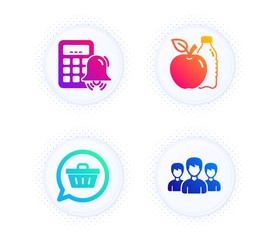 Shopping cart, Apple and Calculator alarm icons simple set. Button with halftone dots. Group sign. Dreaming of gift, Diet food, Accounting. Group of people. Business set. Vector