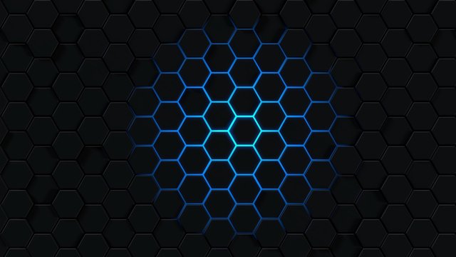 Background with abstract hexagons. Blue honeycomb on a black background. 3d rendering of polygonal shapes © ilyarexi