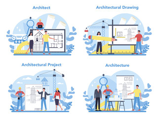 Architecture concept set. Idea of building project and construction