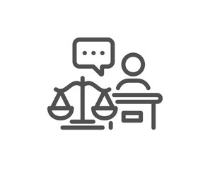 Court judge line icon. Justice scale sign. Judgement law symbol. Quality design element. Editable stroke. Linear style court judge icon. Vector