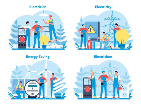 Electricity works service concept set. Professional worker in the