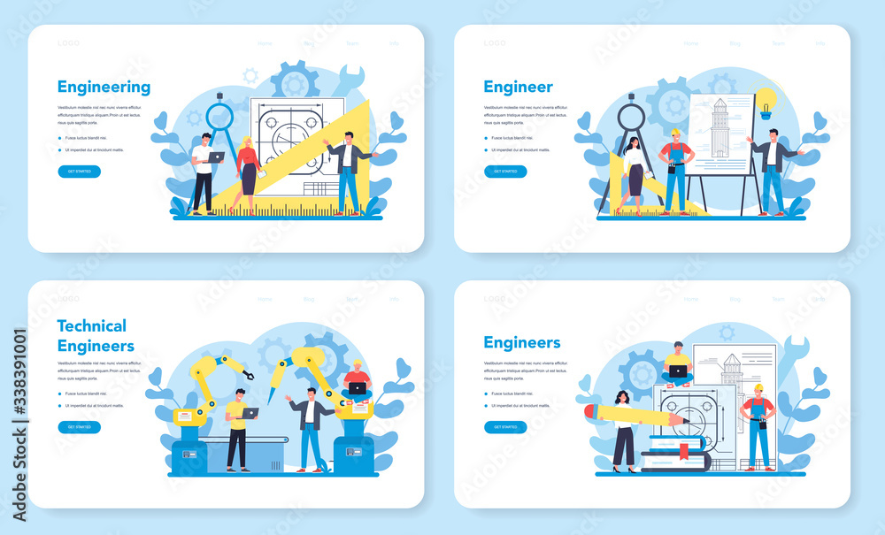 Poster engineeering web banner or landing page set. technology and science.