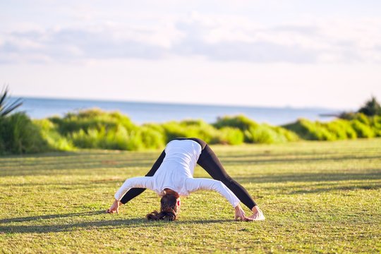 Young beautiful sportwoman practicing yoga. Coach teaching postures at park