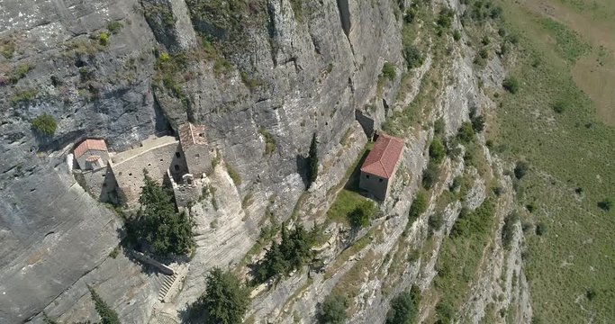 Beautiful view of Archeological Monument Church at the edge of a cliff in Nemea, Greece