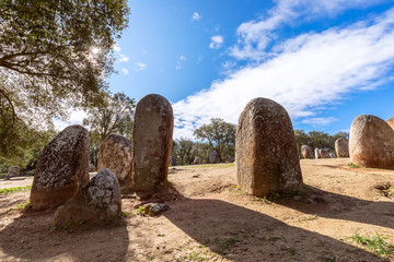 View of the megalithic complex Almendres Cromlech (Cromelelique dos Almendres) Evora, Alentejo Region, Portugal