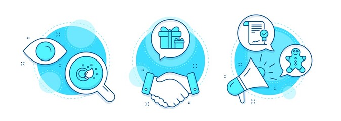 Approved agreement, Gingerbread man and Paint brush line icons set. Handshake deal, research and promotion complex icons. Surprise package sign. Verified document, Christmas cookie, Creativity. Vector