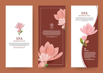 Layout Template elements, Flower Magnolia drawing. Presentation flat style. Vector illustration design, Brochure Poster Flyer Leaflet, Spa, Packaging Cosmetic.