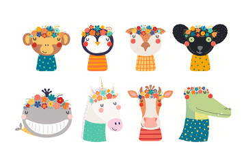 Set with cute funny animals in flower crowns and shirts. Hand drawn vector illustration. Isolated objects on white background. Scandinavian style flat design. Concept for children spring, summer print