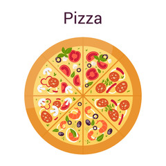 Tasty delicious pizza different slice. Italian food. Salami and mozarella