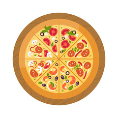 Tasty delicious pizza different slice. Italian food. Salami and mozarella
