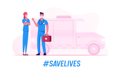 Ambulance Medical Staff Service Occupation. Medics Wearing Protective Masks, Emergency Paramedic Doctors Characters Stand at Car. Saving Lives Covid 19, Health Care. Cartoon Vector People Illustration