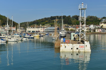 St Aubin's harbor, Jersey, U.K. Spring calm high tide at a pretty small port.