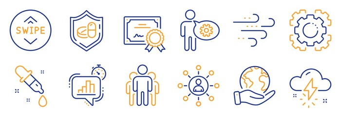 Set of Science icons, such as Group, Windy weather. Certificate, save planet. Medical tablet, Networking, Swipe up. Seo gear, Statistics timer, Cogwheel. Vector