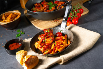 Rustic chicken wings in honey with potato wedges