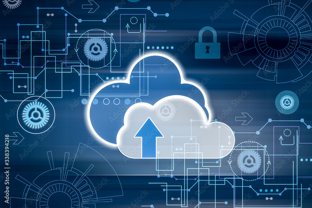 Poster cloud image and schemes on background. modern technology