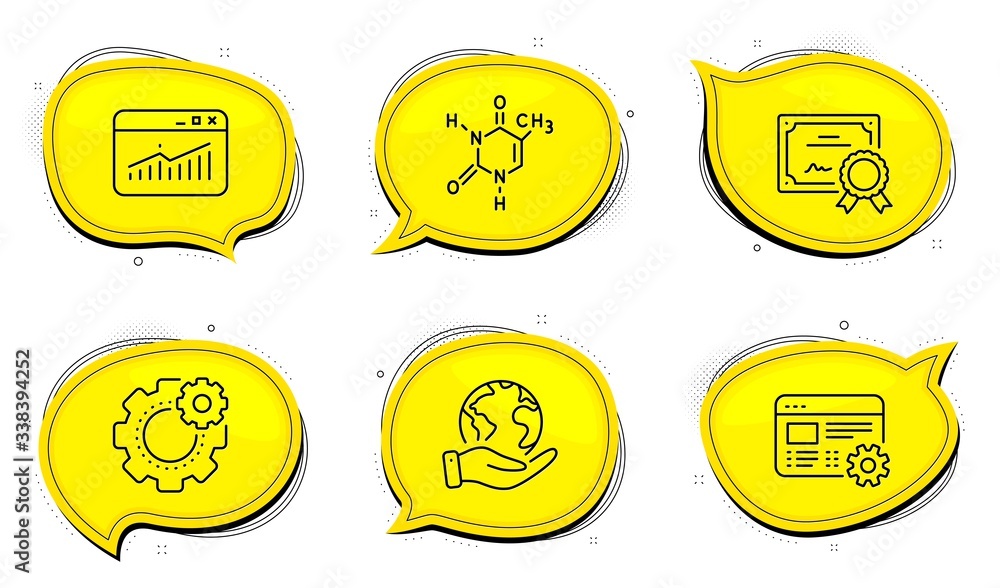 Poster cogwheel sign. diploma certificate, save planet chat bubbles. chemical formula, web settings and web