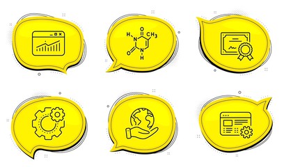 Cogwheel sign. Diploma certificate, save planet chat bubbles. Chemical formula, Web settings and Website statistics line icons set. Chemistry, Engineering tool, Data analysis. Technology set. Vector