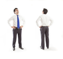 Young corporate office man looking up visioning future of work both front and back