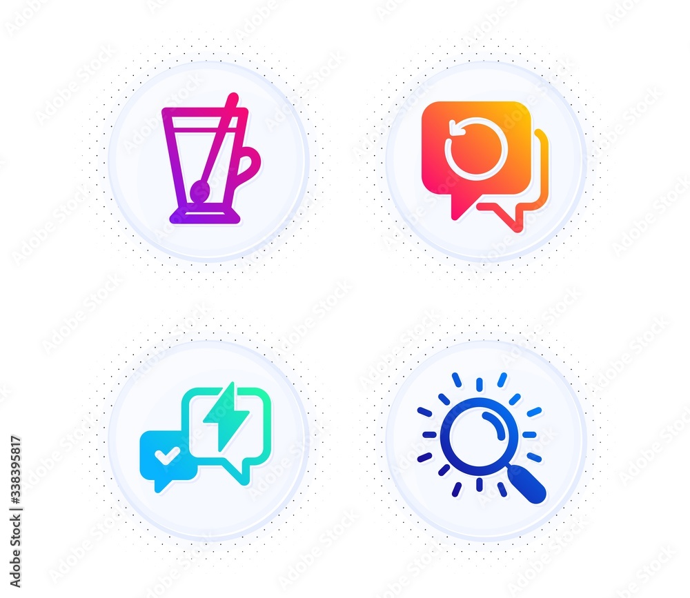 Poster recovery data, tea mug and lightning bolt icons simple set. button with halftone dots. search sign. 