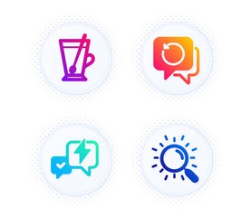 Recovery data, Tea mug and Lightning bolt icons simple set. Button with halftone dots. Search sign. Backup info, Cup with teaspoon, Messenger. Find document. Business set. Vector