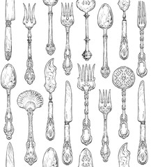 Seamless silverware cutlery pattern. Hand drawn vintage style illustration . Fork, knife and spoon ornate - obrazy, fototapety, plakaty