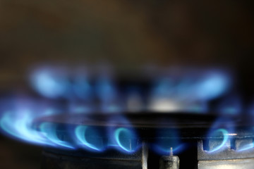 natural gas flame in gas burner close up