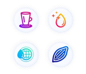 Teacup, World water and Water drop icons simple set. Button with halftone dots. Cocoa nut sign. Tea or latte, Aqua drop, Crystal aqua. Vegetarian food. Food and drink set. Vector