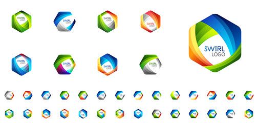 Set of business hexagon vector logo icon templates made of swirl lines and waves