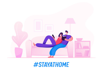 Young Couple Spend Free Time Together at Home during Covid 19 Quarantine Isolation. Woman and Man Sitting on Sofa Reading Books. Weekend Leisure, Relaxed Spare Time. Cartoon Vector People Illustration