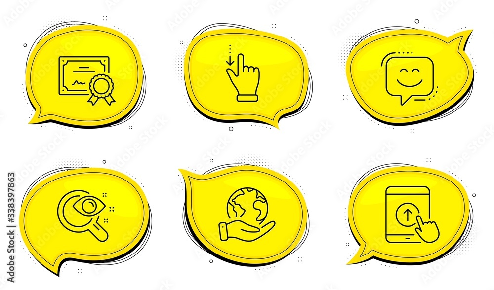 Poster touchscreen gesture sign. diploma certificate, save planet chat bubbles. vision test, swipe up and s